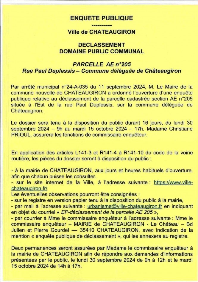 Avis - enquête publique 30 09 au 15 10 2024
