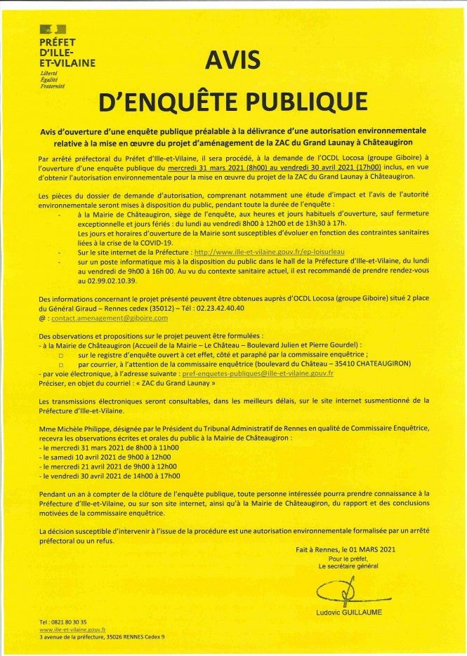 Avis d'ouverture d'enquête publique préalable à la délivrance d'une autorisation environnementale relative à la mise en oeuvre du projet d'aménagem...